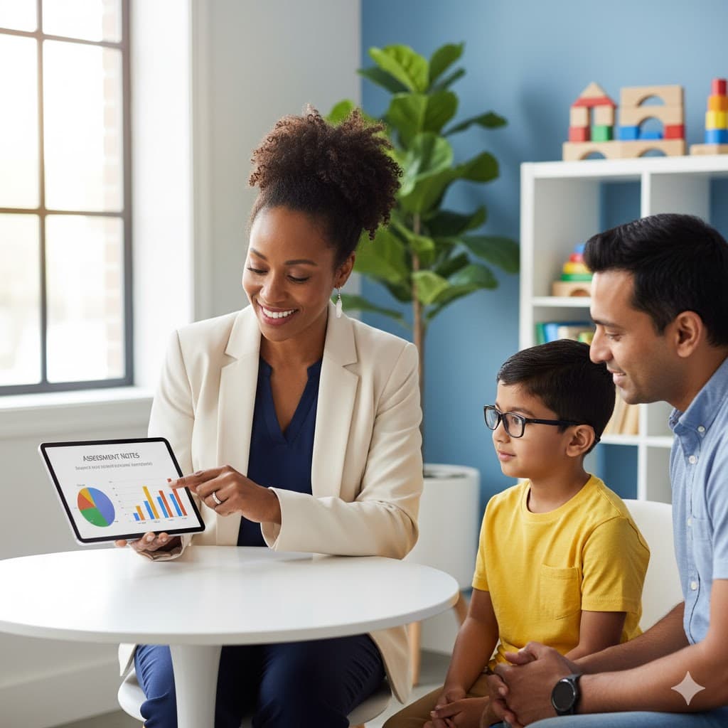 BCBA presenting assessment notes to parent and child during initial consultation